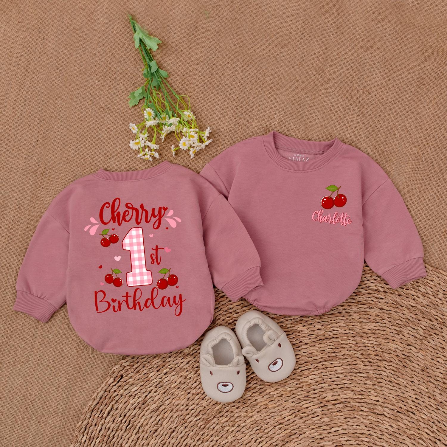 Personalized Cherry First Birthday Girl Bubble Romper, Sweet One Outfit Baby Bodysuit, Baby Shower Gift for 1st Birthday