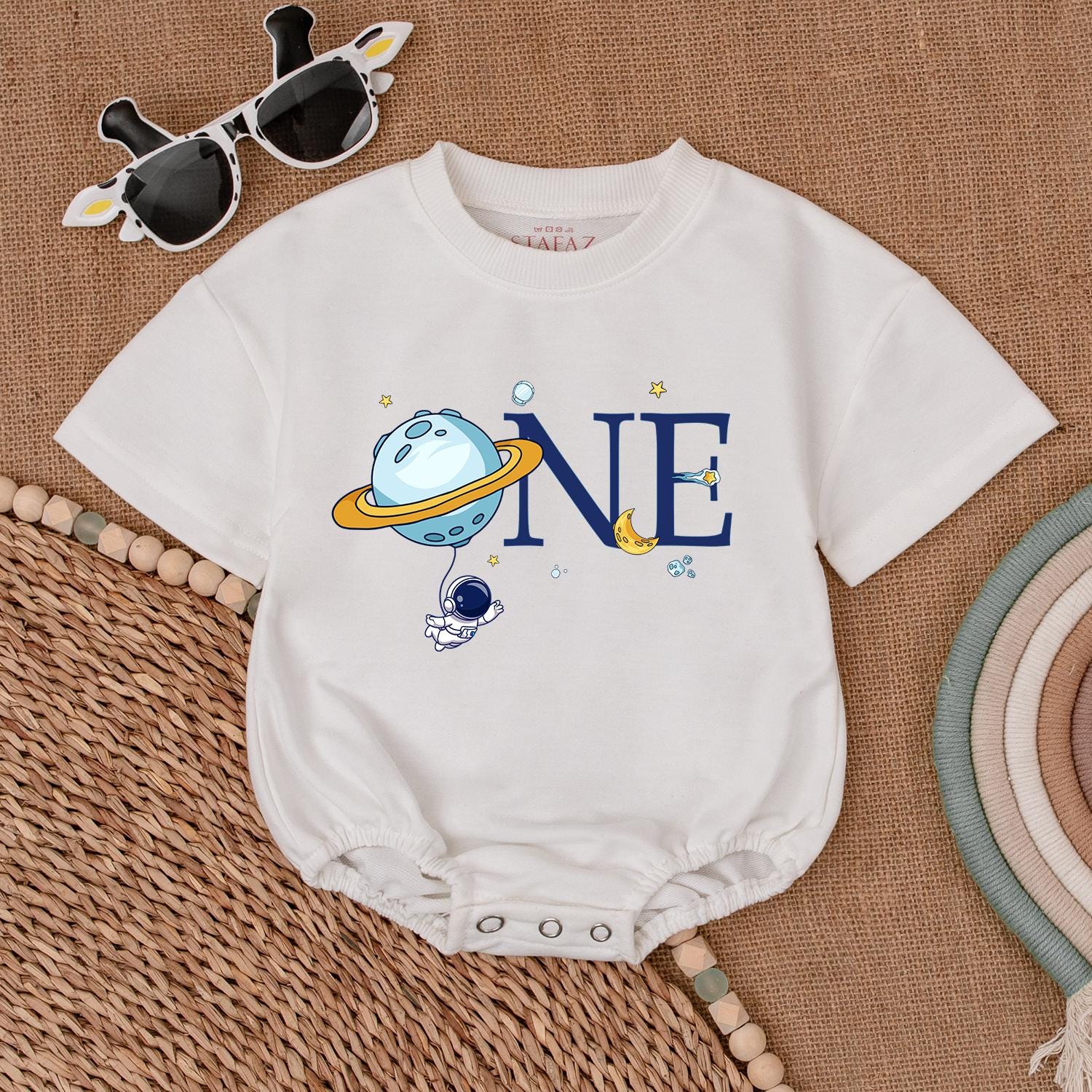 My First Trip to Space! Baby Boy 1st Birthday Romper with Astronaut & Planet  Whimsical One Birthday Outfit Moon Star Soft Cotton Gift 136 chars