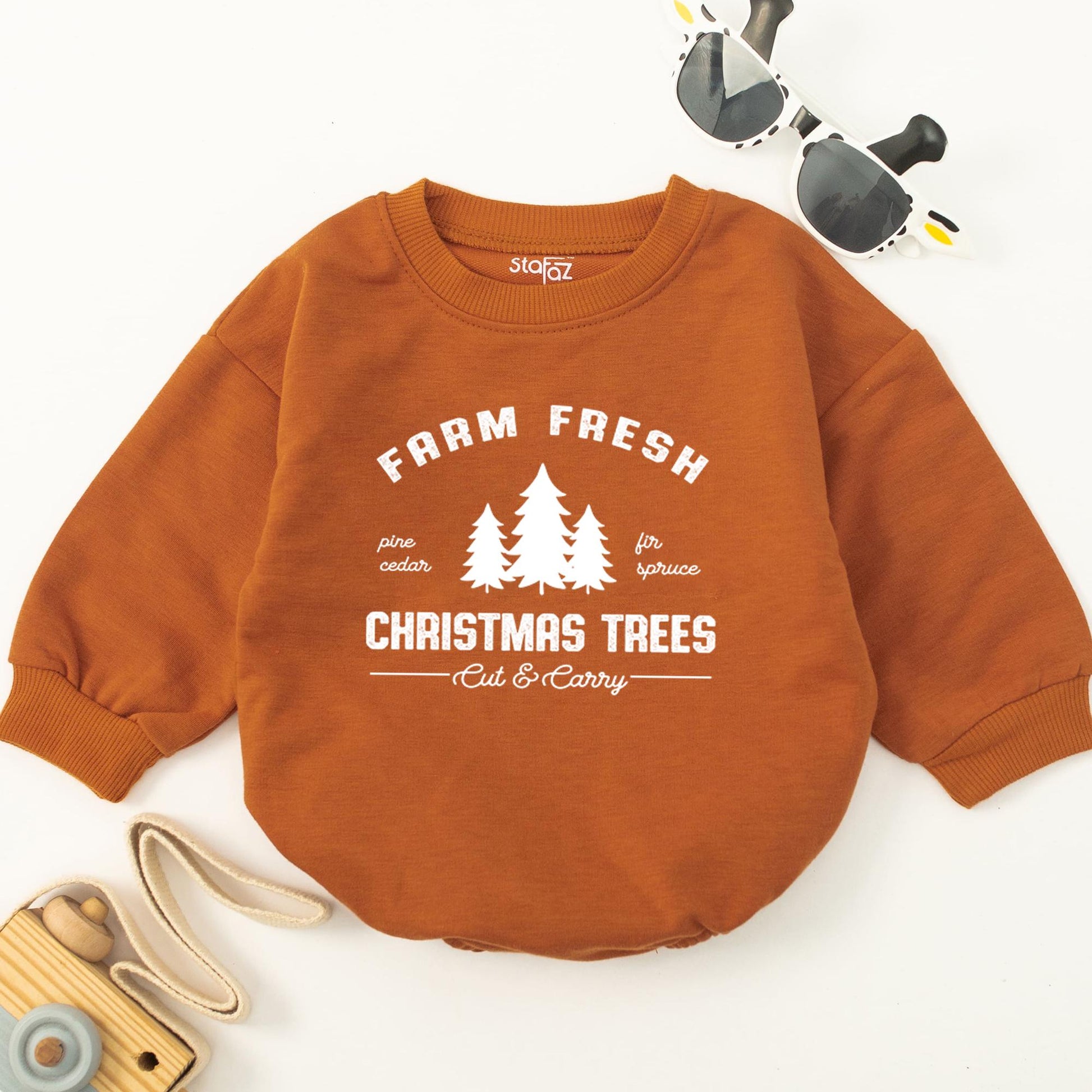 Farm Fresh Christmas Trees Baby Romper Holiday Outfit Vintage Evergreen Infant Clothes Pine Cedar Fir Spruce Cut & Carry Design First Christmas Gift Baby Shower
