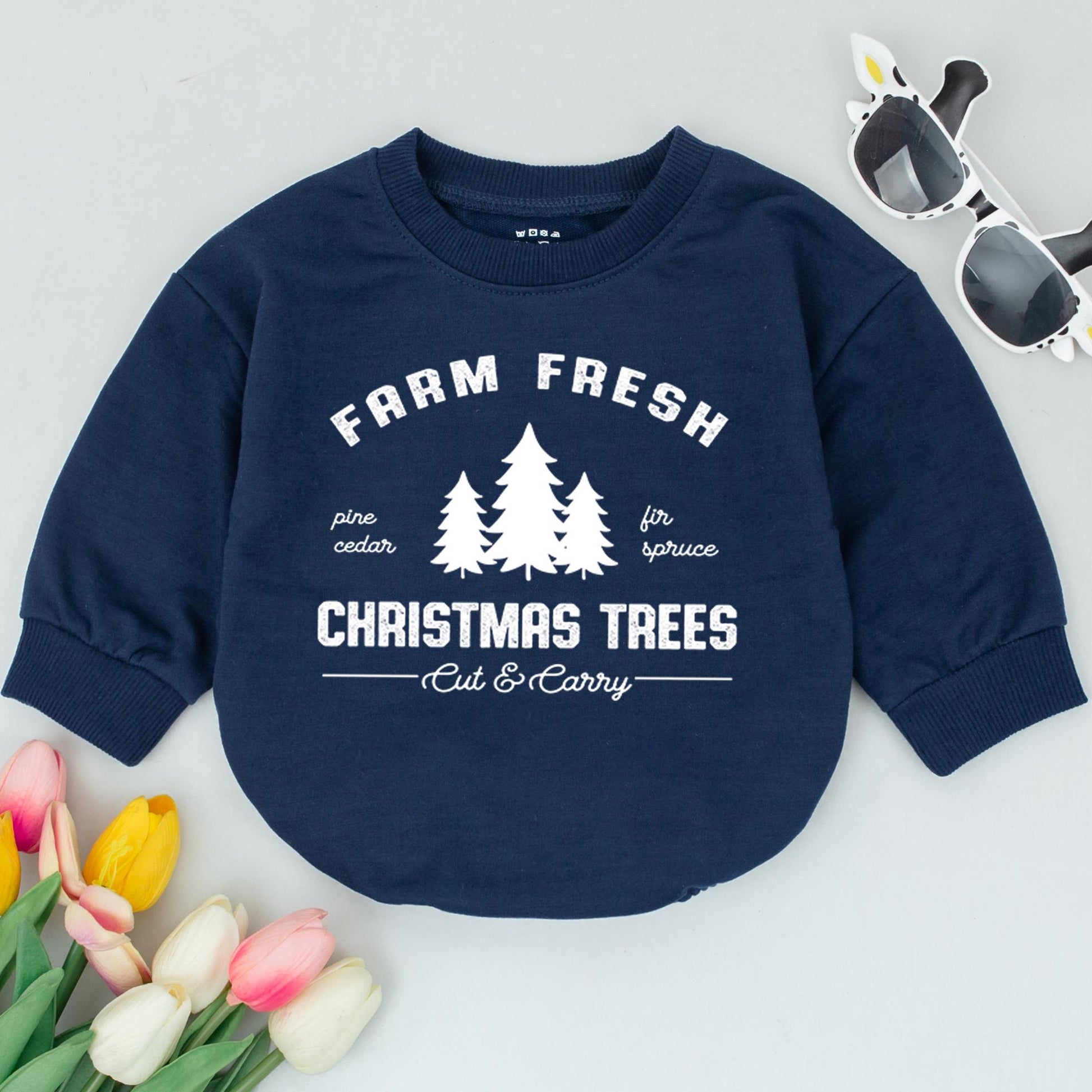 Farm Fresh Christmas Trees Baby Romper Holiday Outfit Vintage Evergreen Infant Clothes Pine Cedar Fir Spruce Cut & Carry Design First Christmas Gift Baby Shower