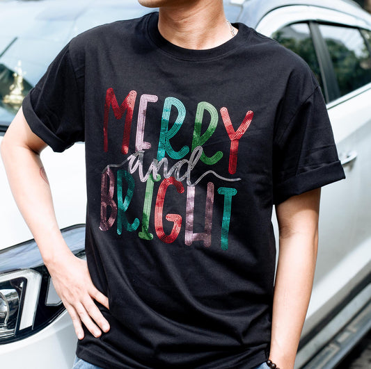 Sparkly Merry and Bright Christmas T-Shirt, Glitter Holiday Shirt for Women, Cute Sequin Top, Festive Christmas Party Gift for Her, Xmas Eve Tee 138