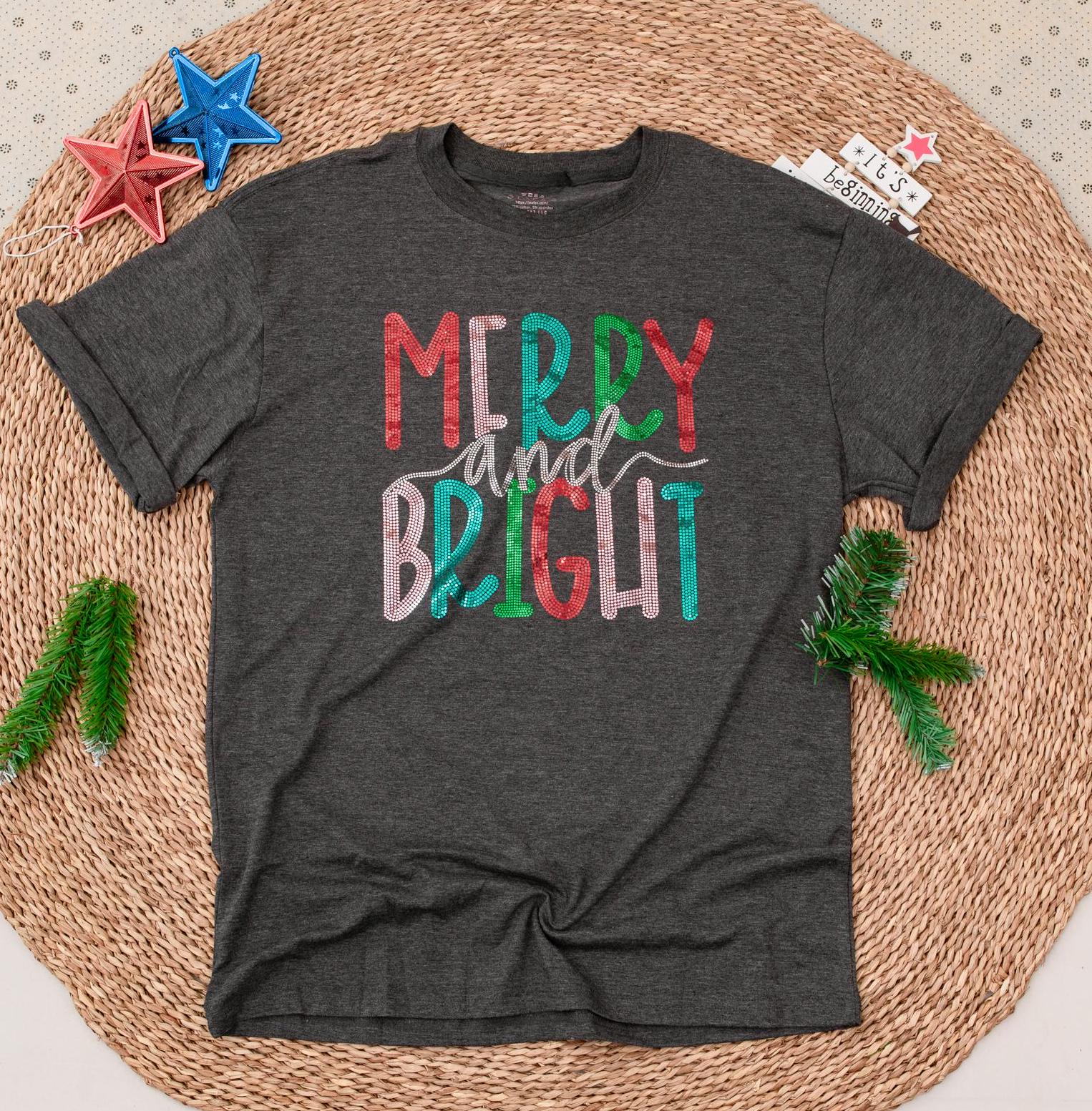 Sparkly Merry and Bright Christmas T-Shirt, Glitter Holiday Shirt for Women, Cute Sequin Top, Festive Christmas Party Gift for Her, Xmas Eve Tee 138