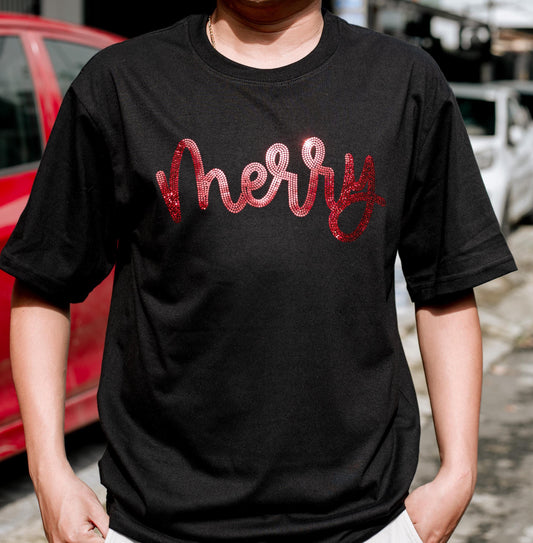 Sequin Merry Christmas Shirt for Women & Men, Red Glitter Xmas Holiday Tee, Sparkle Festive Top, Cute Gift Idea for Christmas Eve Party & Celebrations (139 chars)