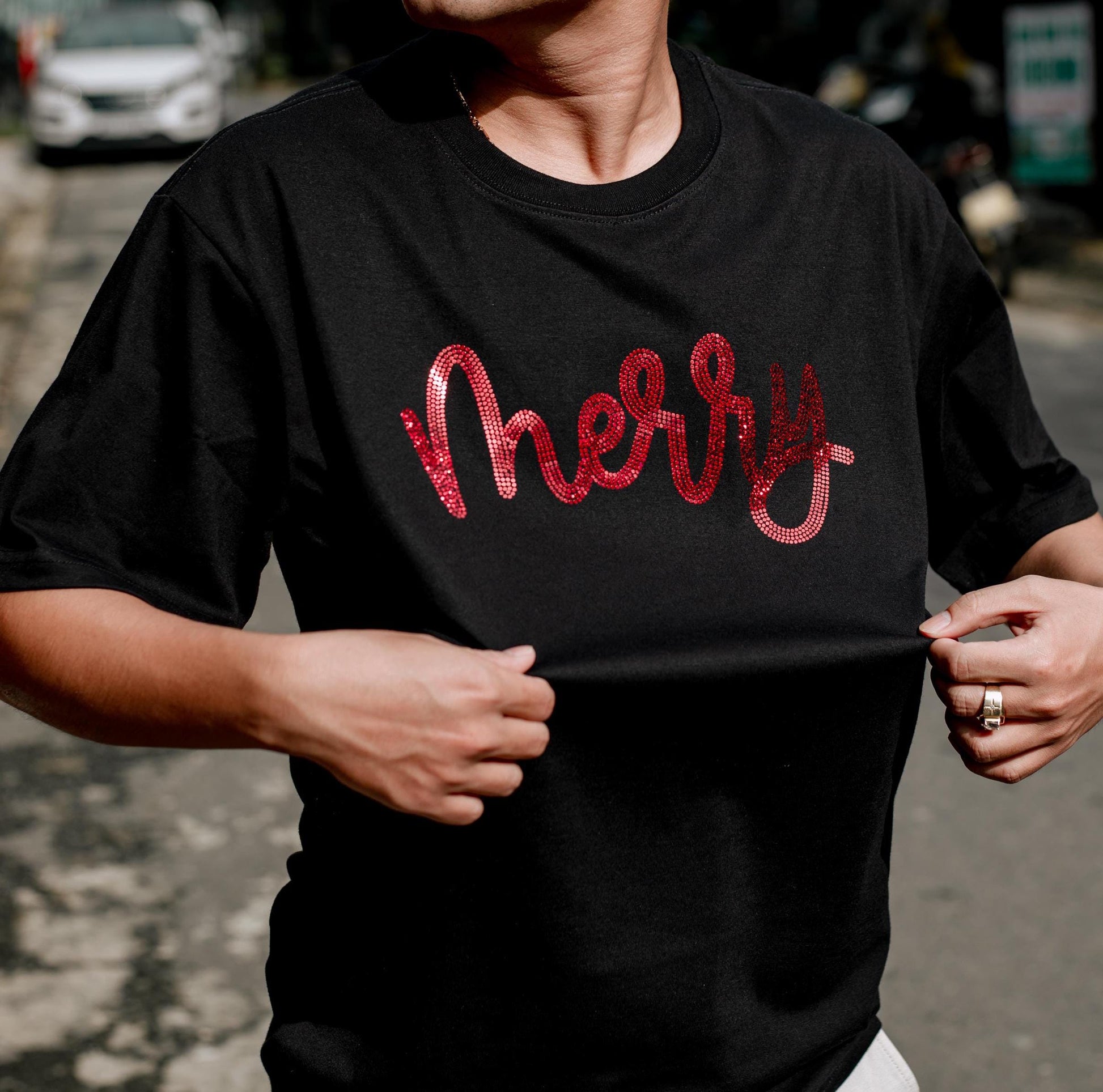Sequin Merry Christmas Shirt for Women & Men, Red Glitter Xmas Holiday Tee, Sparkle Festive Top, Cute Gift Idea for Christmas Eve Party & Celebrations (139 chars)