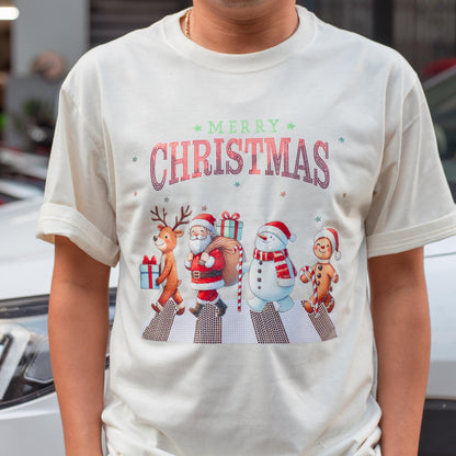 Glittery Merry Christmas Shirt with Festive Friends, Reindeer & Santa Sequin Tee, Sparkly Xmas Top for Women, Men, Holiday Gifts, Shiny Dot Crosswalk (139)