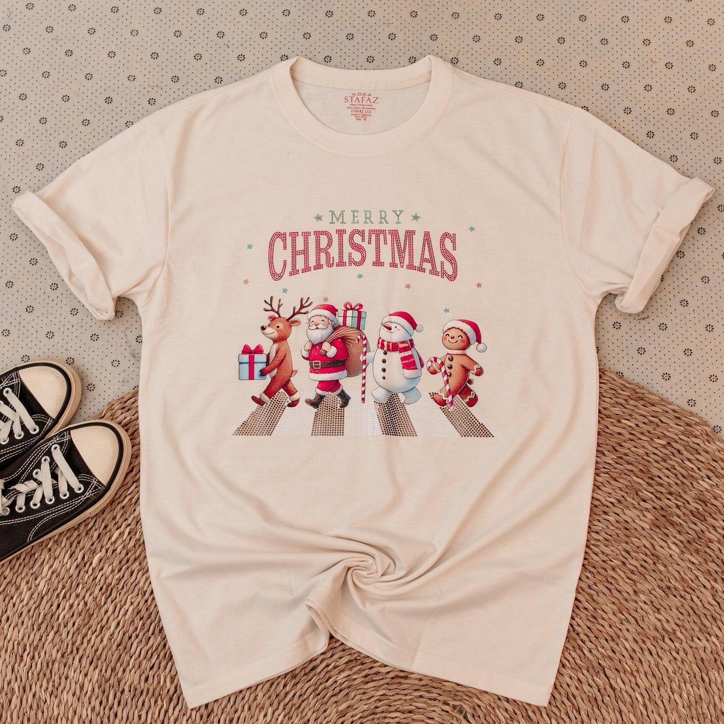 Glittery Merry Christmas Shirt with Festive Friends, Reindeer & Santa Sequin Tee, Sparkly Xmas Top for Women, Men, Holiday Gifts, Shiny Dot Crosswalk (139)