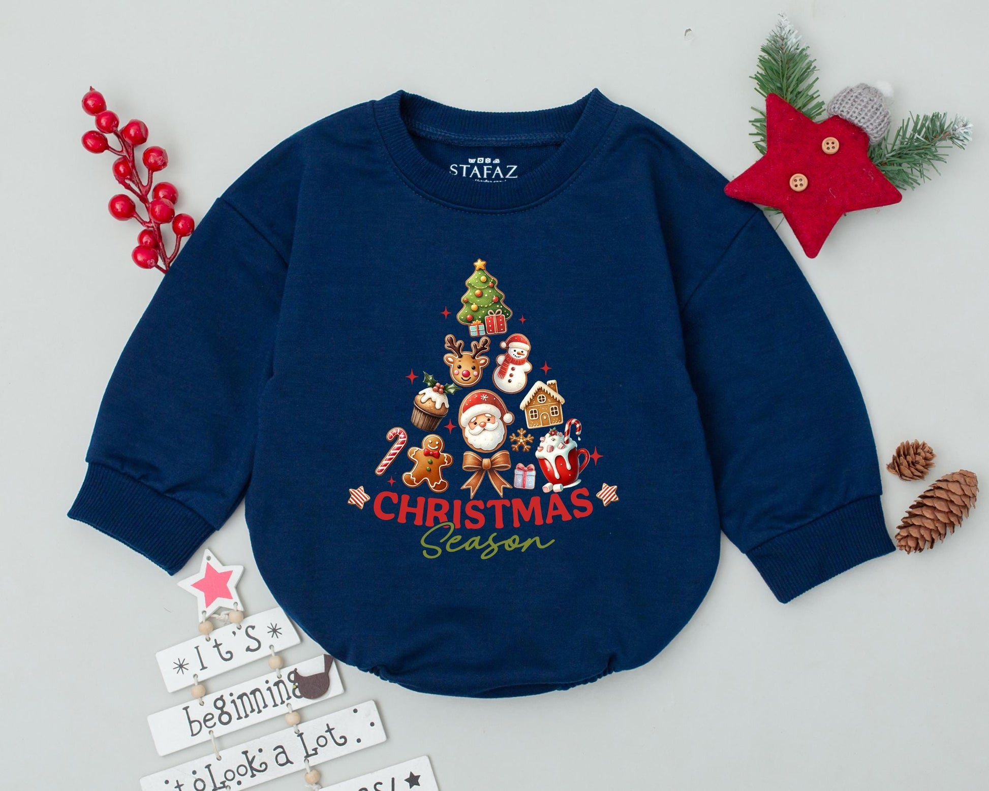 Christmas Season Baby Romper Vintage Whimsical Holiday Newborn Outfit festive Santa reindeer snowman design infant bodysuit gift.