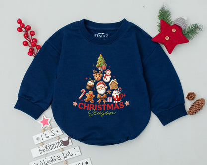 Christmas Season Baby Romper Vintage Whimsical Holiday Newborn Outfit festive Santa reindeer snowman design infant bodysuit gift.