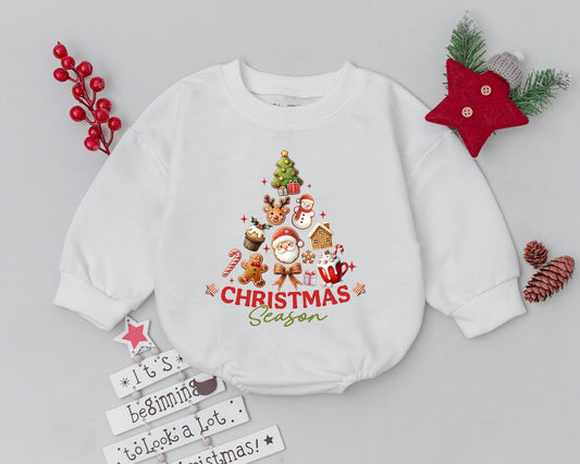 Christmas Season Baby Romper Vintage Whimsical Holiday Newborn Outfit festive Santa reindeer snowman design infant bodysuit gift.