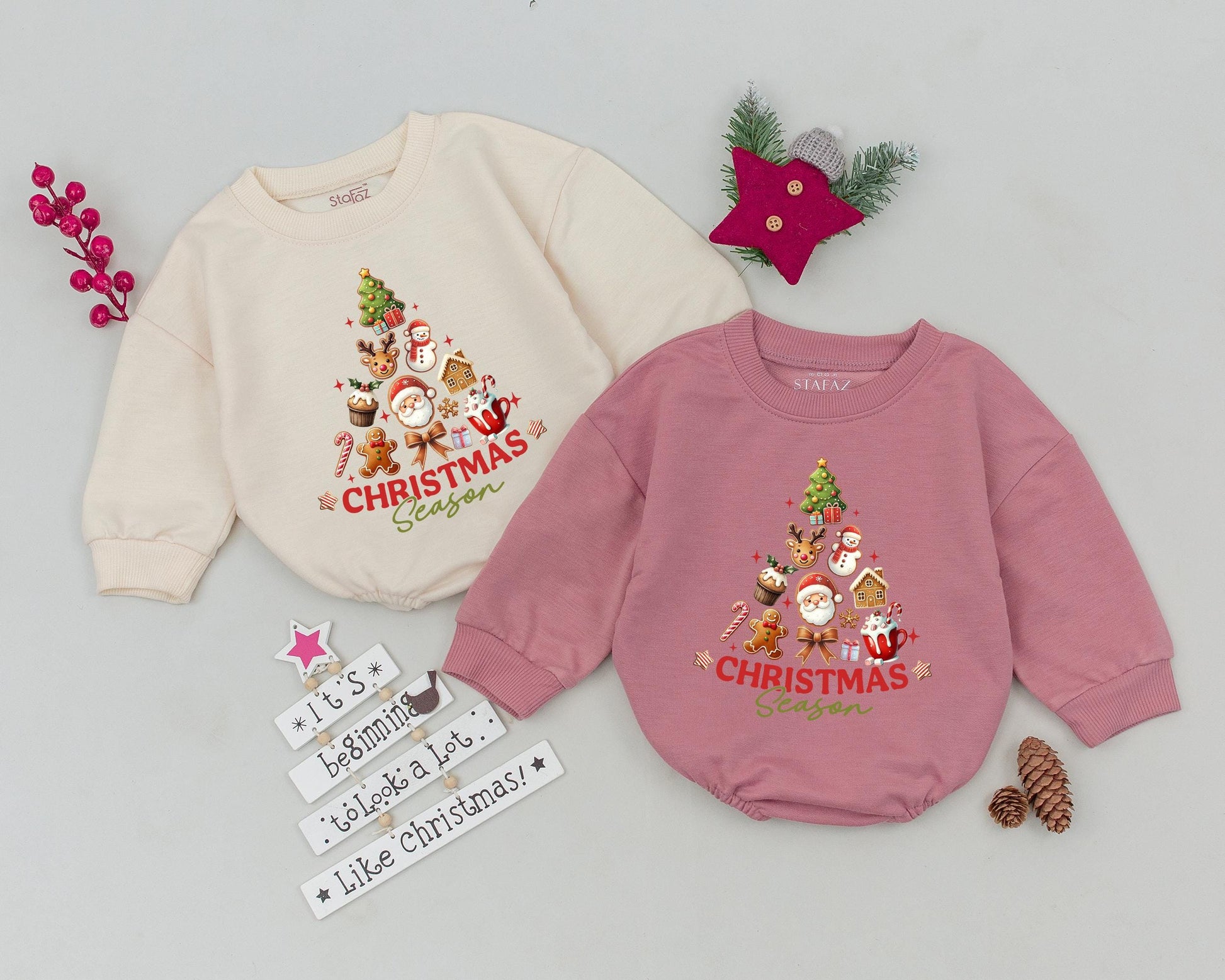 Christmas Season Baby Romper Vintage Whimsical Holiday Newborn Outfit festive Santa reindeer snowman design infant bodysuit gift.