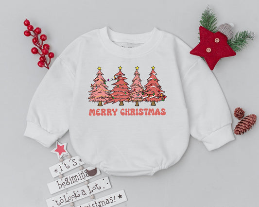 Retro Pink Christmas Tree Romper Whimsical Merry Christmas Baby Outfit Festive Lights and Stars Newborn Bodysuit Soft Infant Holiday Gift