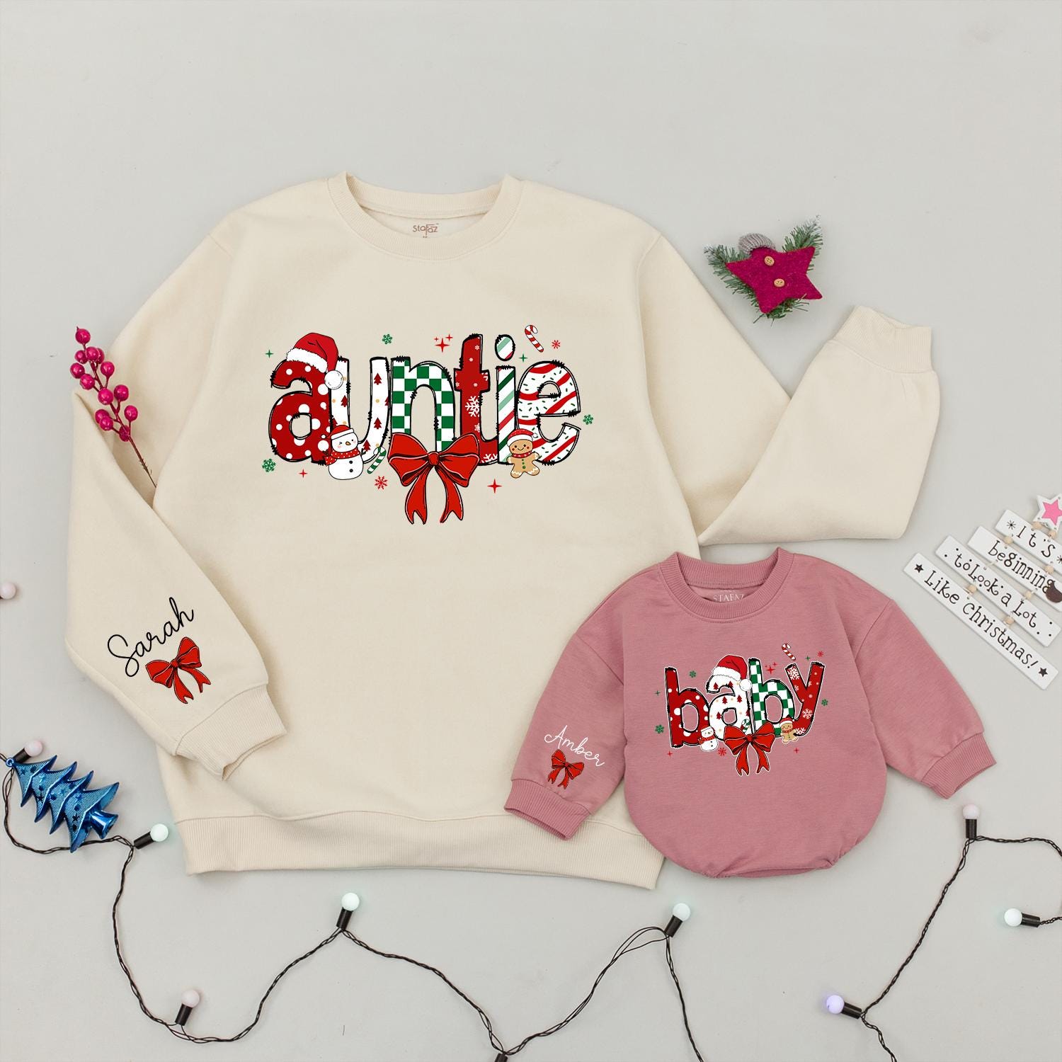 Matching Auntie & Baby Christmas Sweatshirts: Cheerful Holiday Lettering, Polka Dots, Candy Canes - Festive Aunt Xmas Gift for Little One, Comfy Cotton Blend