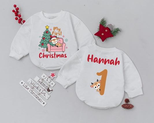 Personalized Name and Number One Birthday Romper My First Christmas Baby Girl Infant Toddler Bodysuit Festive Reindeer Christmas Tree