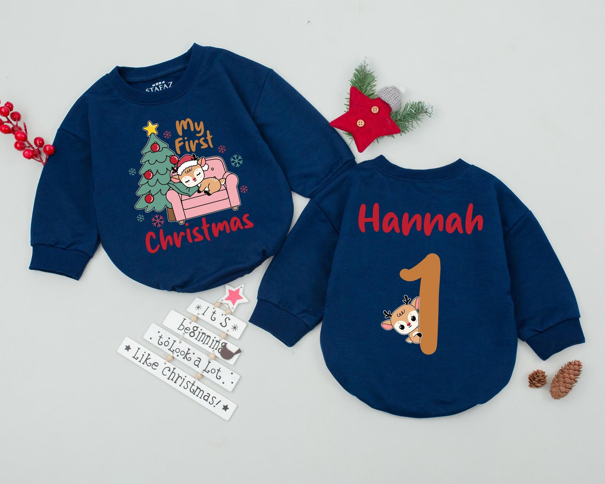 Personalized Name and Number One Birthday Romper My First Christmas Baby Girl Infant Toddler Bodysuit Festive Reindeer Christmas Tree