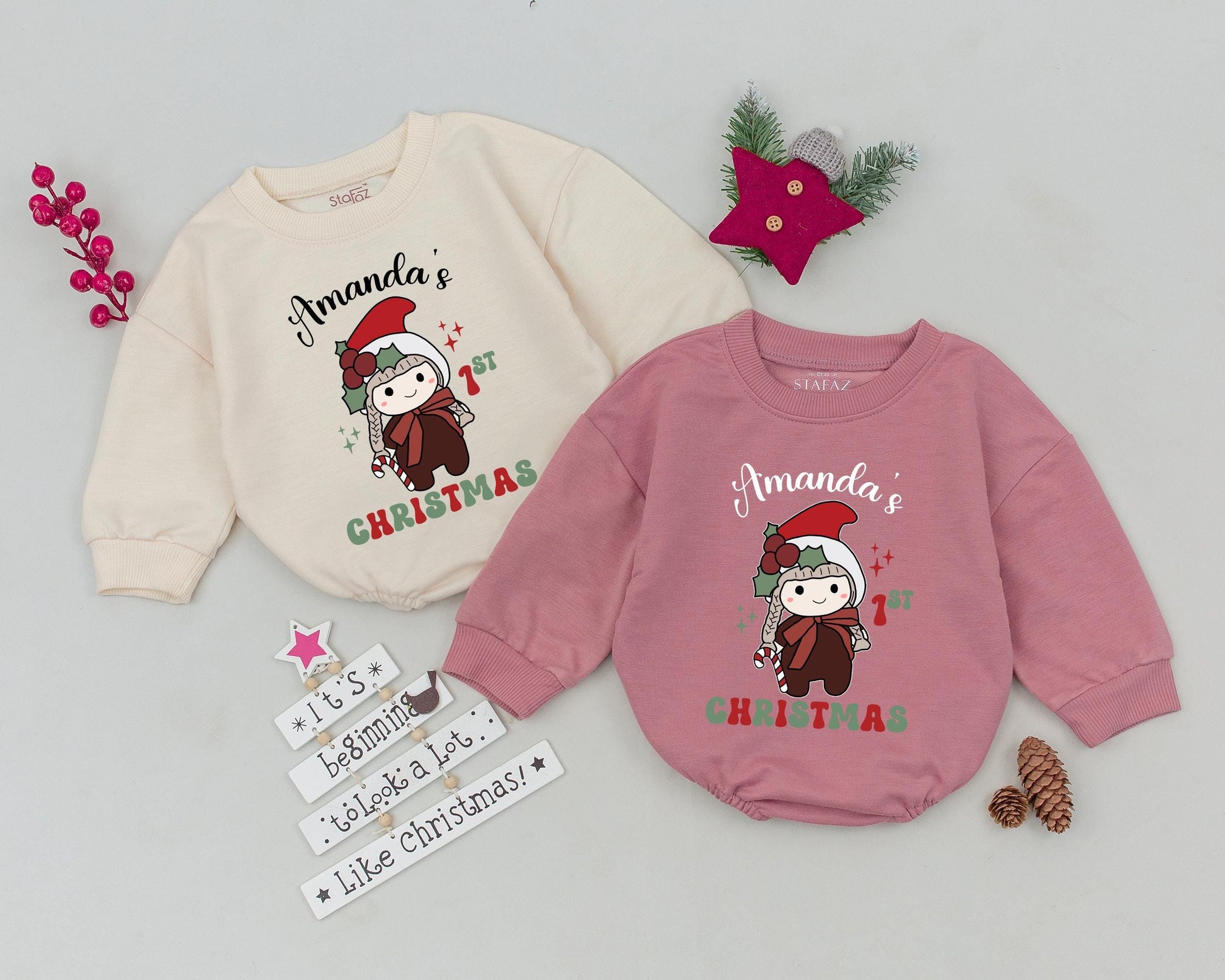 Personalized Name Baby Girl First Christmas Romper Retro Santa Candy Cane Soft Cotton Infant Bodysuit Holiday Toddler Outfit