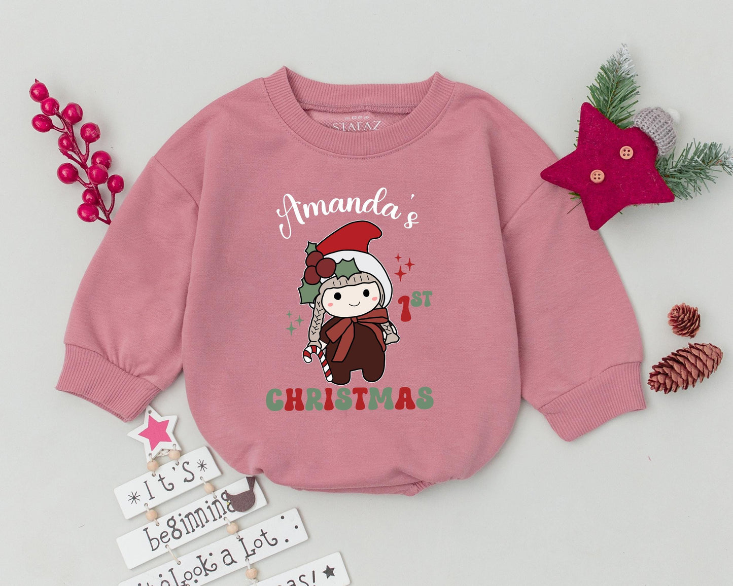 Personalized Name Baby Girl First Christmas Romper Retro Santa Candy Cane Soft Cotton Infant Bodysuit Holiday Toddler Outfit