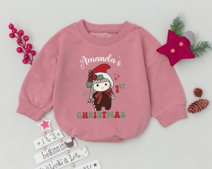 Personalized Name Baby Girl First Christmas Romper Retro Santa Candy Cane Soft Cotton Infant Bodysuit Holiday Toddler Outfit