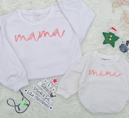 Sparkly Mama and Mini Sequin Sweatshirt Set - Matching Mom & Baby Bling Outfits, Christmas Glitter Family Romper Gift - Merry Mini Holiday Style