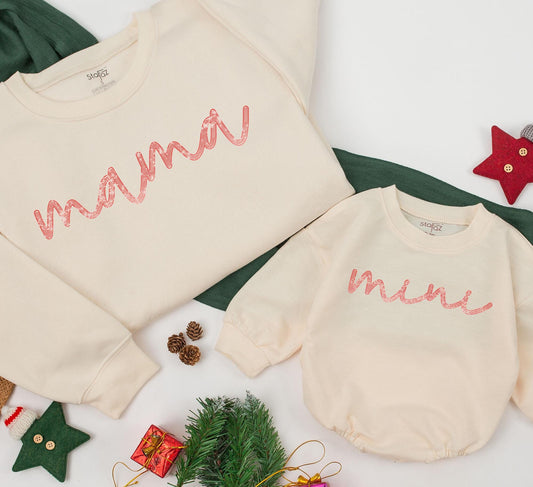 Sparkly Mama and Mini Sequin Sweatshirt Set - Matching Mom & Baby Bling Outfits, Christmas Glitter Family Romper Gift - Merry Mini Holiday Style