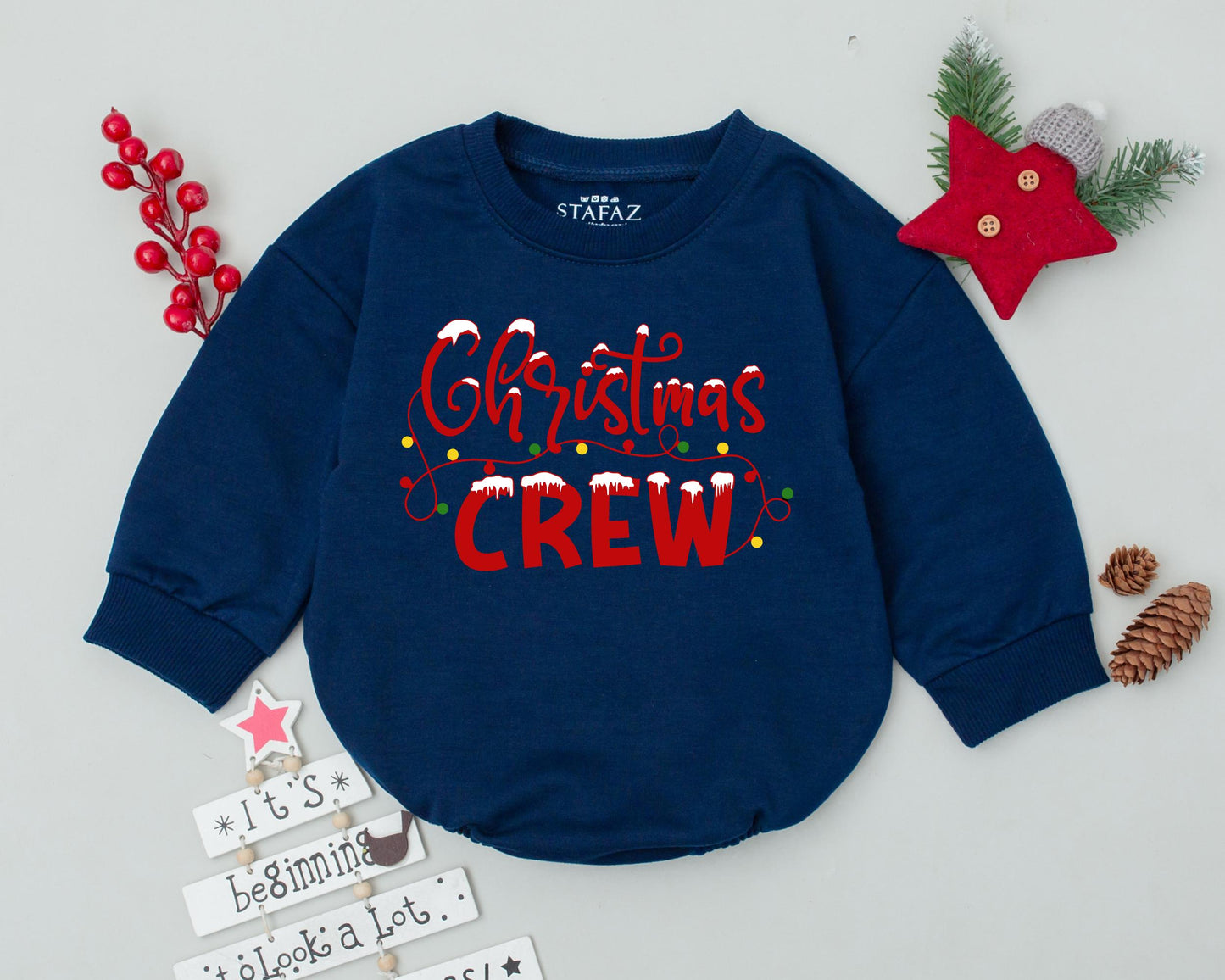 Baby's First Christmas Crew Bubble Romper with Festive Lights Design Newborn Infant Bodysuit Unique Xmas Outfit Baby Shower Gift Cursive Snow Font