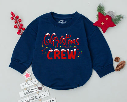Baby's First Christmas Crew Bubble Romper with Festive Lights Design Newborn Infant Bodysuit Unique Xmas Outfit Baby Shower Gift Cursive Snow Font