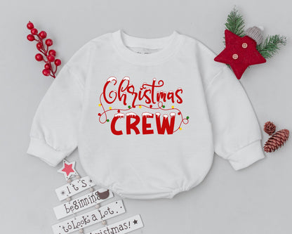 Baby's First Christmas Crew Bubble Romper with Festive Lights Design Newborn Infant Bodysuit Unique Xmas Outfit Baby Shower Gift Cursive Snow Font