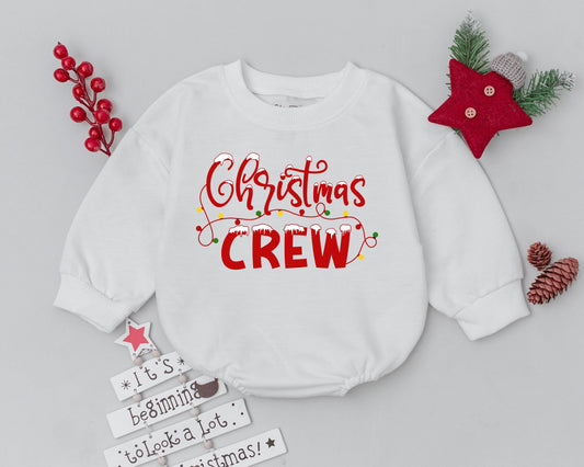 Baby's First Christmas Crew Bubble Romper with Festive Lights Design Newborn Infant Bodysuit Unique Xmas Outfit Baby Shower Gift Cursive Snow Font