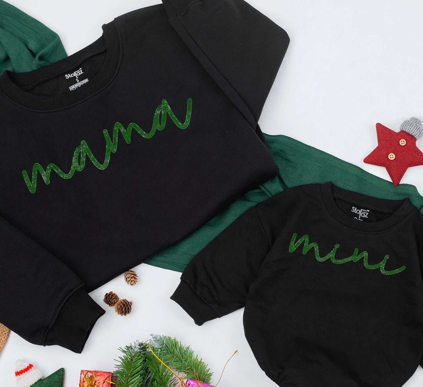 Sparkly Mama Mini Sweatshirt Set Glitter Green Cursive Matching Mother Daughter Outfits Cute Family Holiday Celebration Gift