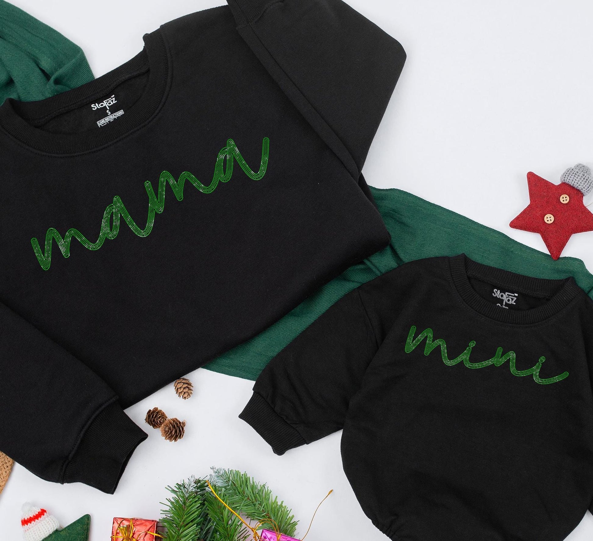 Sparkly Mama Mini Sweatshirt Set Glitter Green Cursive Matching Mother Daughter Outfits Cute Family Holiday Celebration Gift