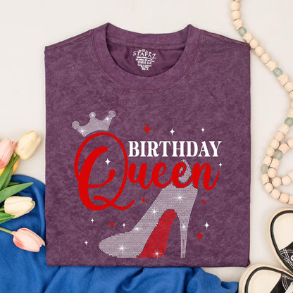 Birthday Queen Sparkle Shirt Rhinestone Crown High Heel Tee Glamorous Birthday Celebration Top for Women
