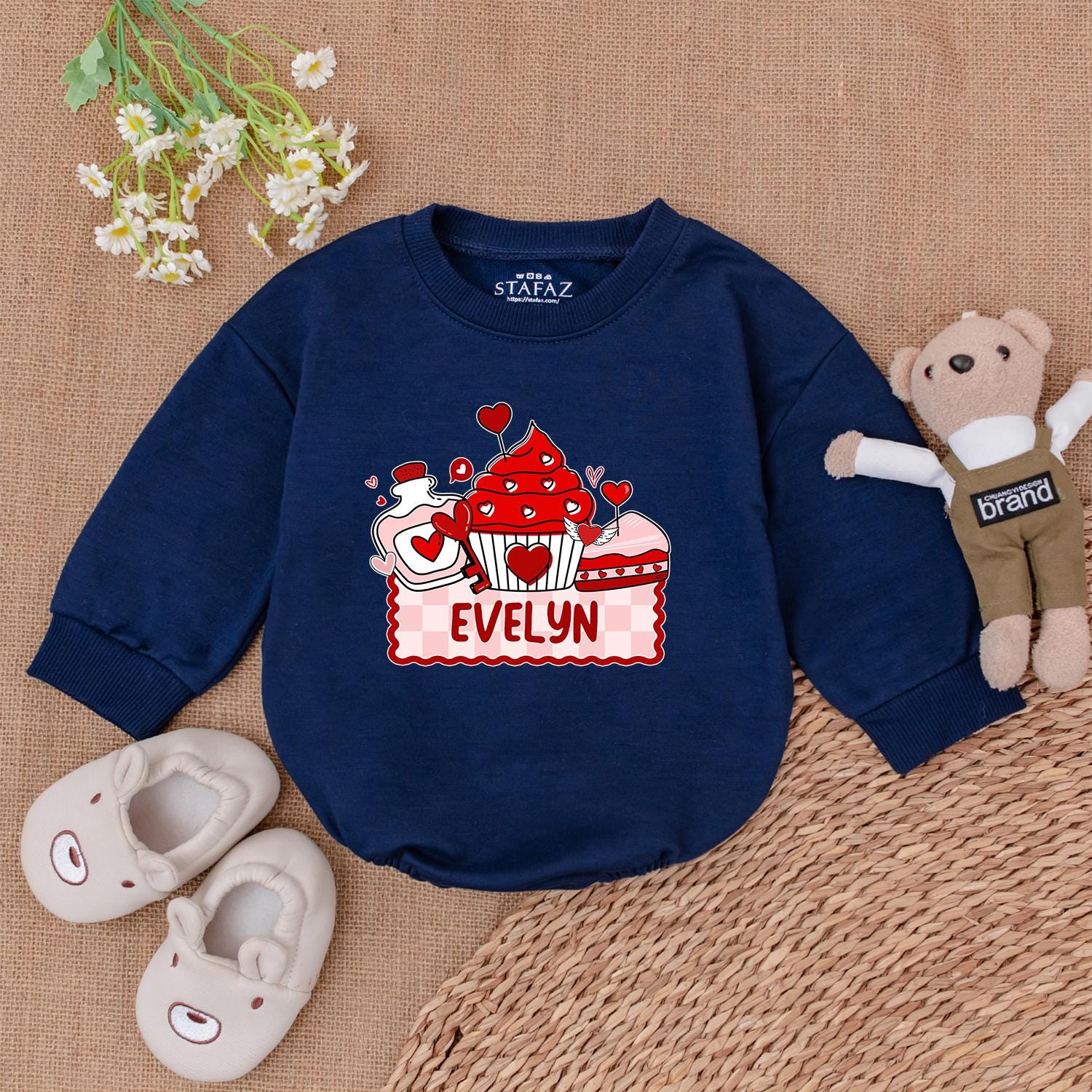 Evelyn's Sweet Valentine Cupcake & Potion Romper Personalized Name Baby Outfit Cute Red Pink Hearts Checkered Banner Gift