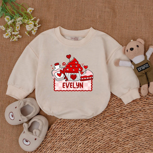 Evelyn's Sweet Valentine Cupcake & Potion Romper Personalized Name Baby Outfit Cute Red Pink Hearts Checkered Banner Gift