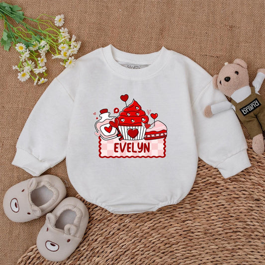 Evelyn's Sweet Valentine Cupcake & Potion Romper Personalized Name Baby Outfit Cute Red Pink Hearts Checkered Banner Gift