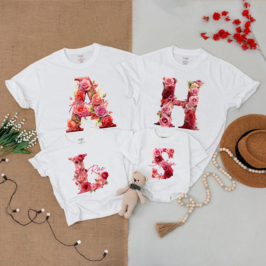 Custom Alphabet Valentine Family Matching T-Shirts Baby Rompers Couples Outfits Kids Adults Tees Valentine's Day Gifts