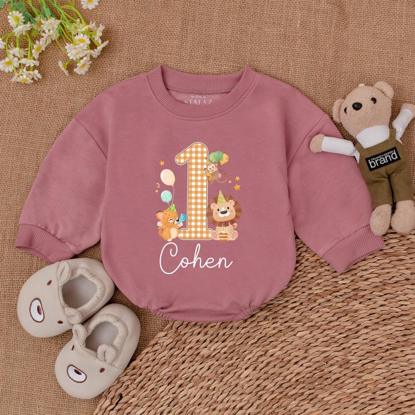 Personalized Safari Wild One Birthday Romper for Baby Boy or Girl Featuring a Gingham '1' and Adorable Safari Animals in Warm Tones, 'Cohen' Cursive Name Detail, Perfect for Zoo Animal First Birthday Celebrations