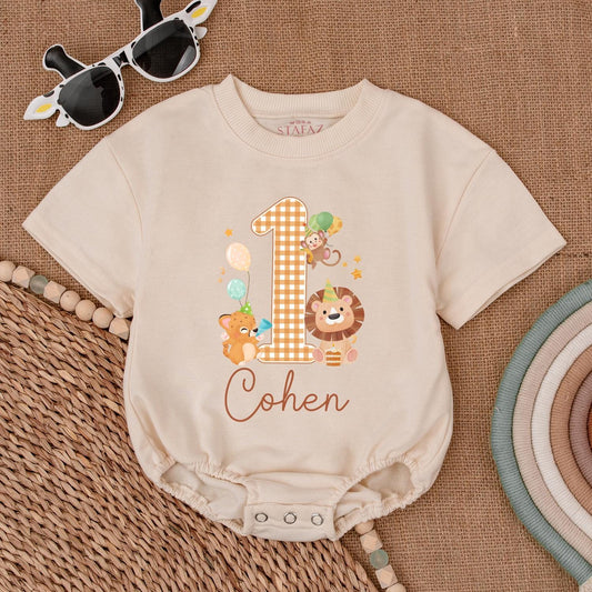 Personalized Safari Wild One Birthday Romper for Baby Boy or Girl Featuring a Gingham '1' and Adorable Safari Animals in Warm Tones, 'Cohen' Cursive Name Detail, Perfect for Zoo Animal First Birthday Celebrations
