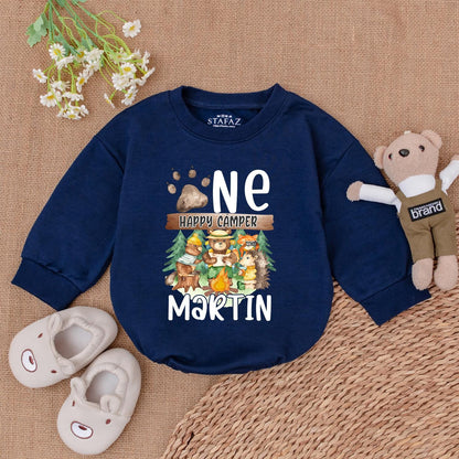Personalized One Happy Camper 1st Birthday Romper Baby Boy Outfit Camping Theme Gift Neutral Bubble Romper