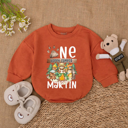 Personalized One Happy Camper 1st Birthday Romper Baby Boy Outfit Camping Theme Gift Neutral Bubble Romper
