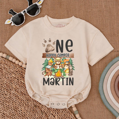 Personalized One Happy Camper 1st Birthday Romper Baby Boy Outfit Camping Theme Gift Neutral Bubble Romper