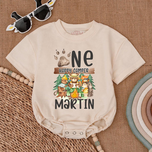 Personalized One Happy Camper 1st Birthday Romper Baby Boy Outfit Camping Theme Gift Neutral Bubble Romper