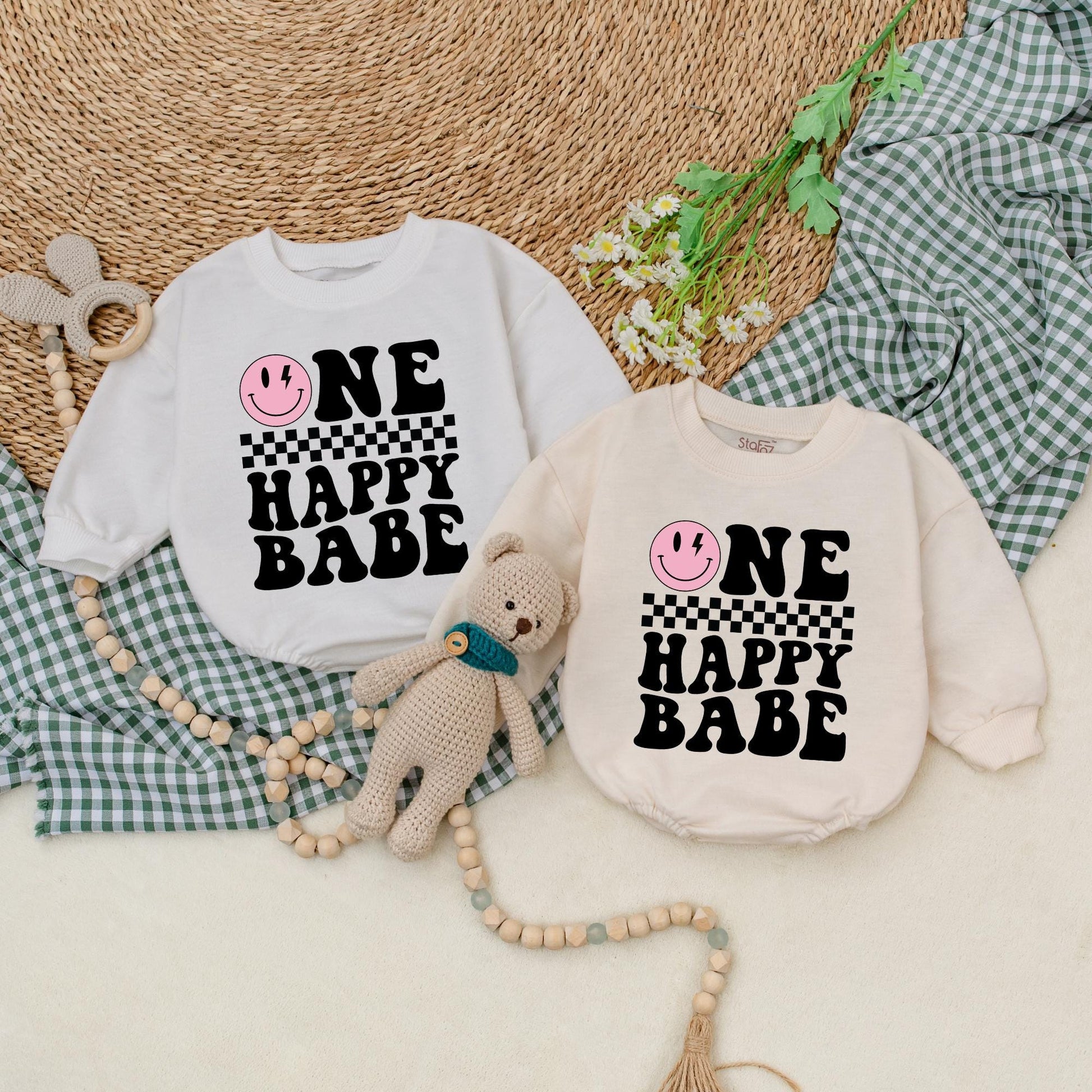 Personalized One Happy Babe Romper with Smiley Face & Checkered Stripe, Baby Girl 1st Birthday Outfit, Adalyn 1 Romper, Cake Smash