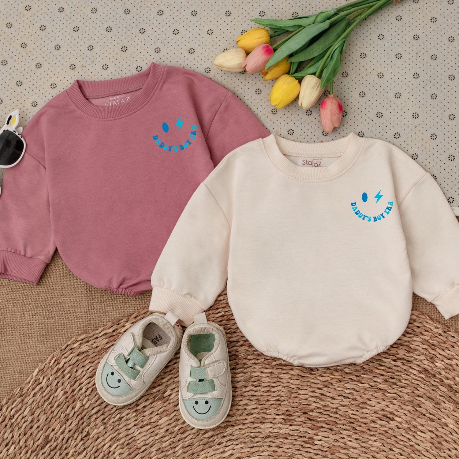 Daddy's Boy Era Baby Outfit, Cute Blue Print Newborn Romper with Smiley Lightning Bolt, Fun Infant Shower Gift, Daddy & Son Photos Clothes 136