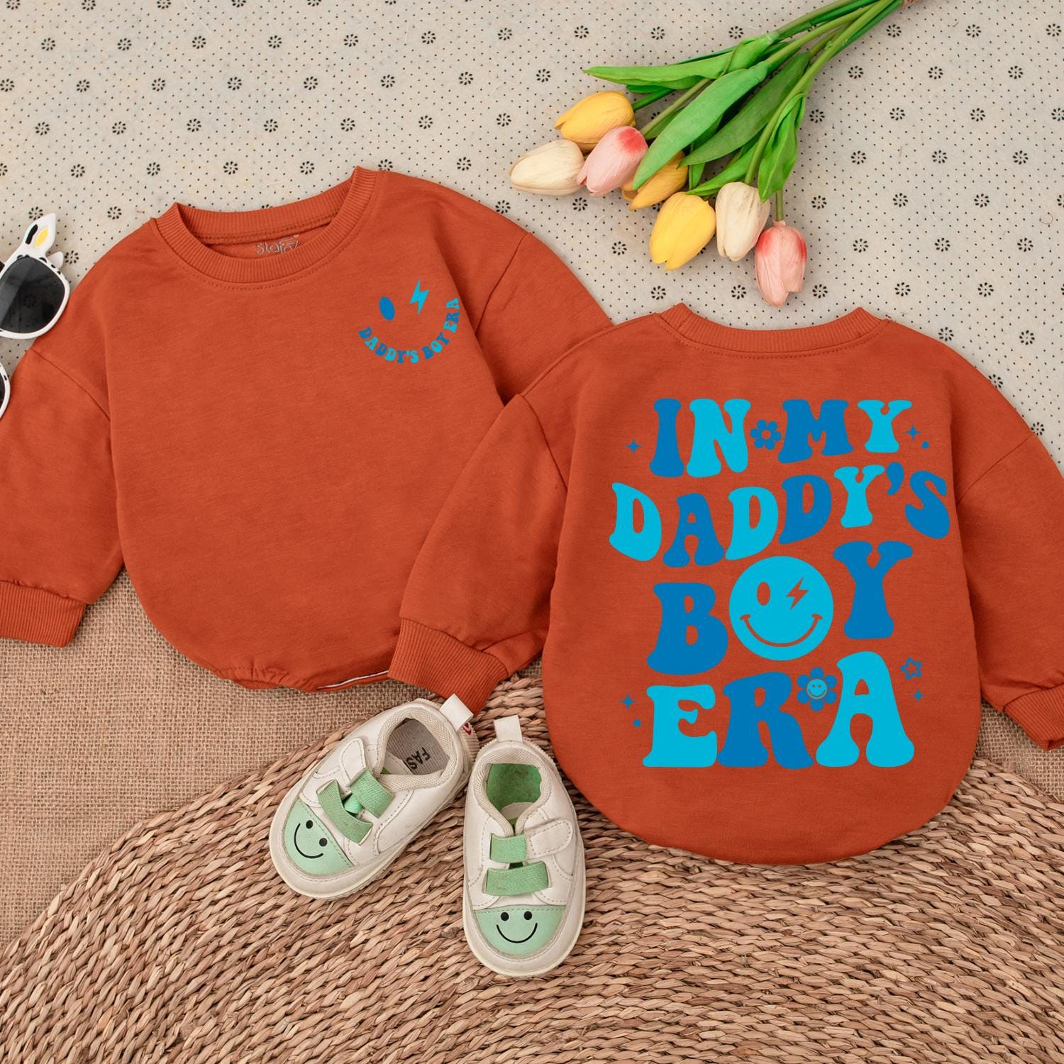 Daddy's Boy Era Baby Outfit, Cute Blue Print Newborn Romper with Smiley Lightning Bolt, Fun Infant Shower Gift, Daddy & Son Photos Clothes 136