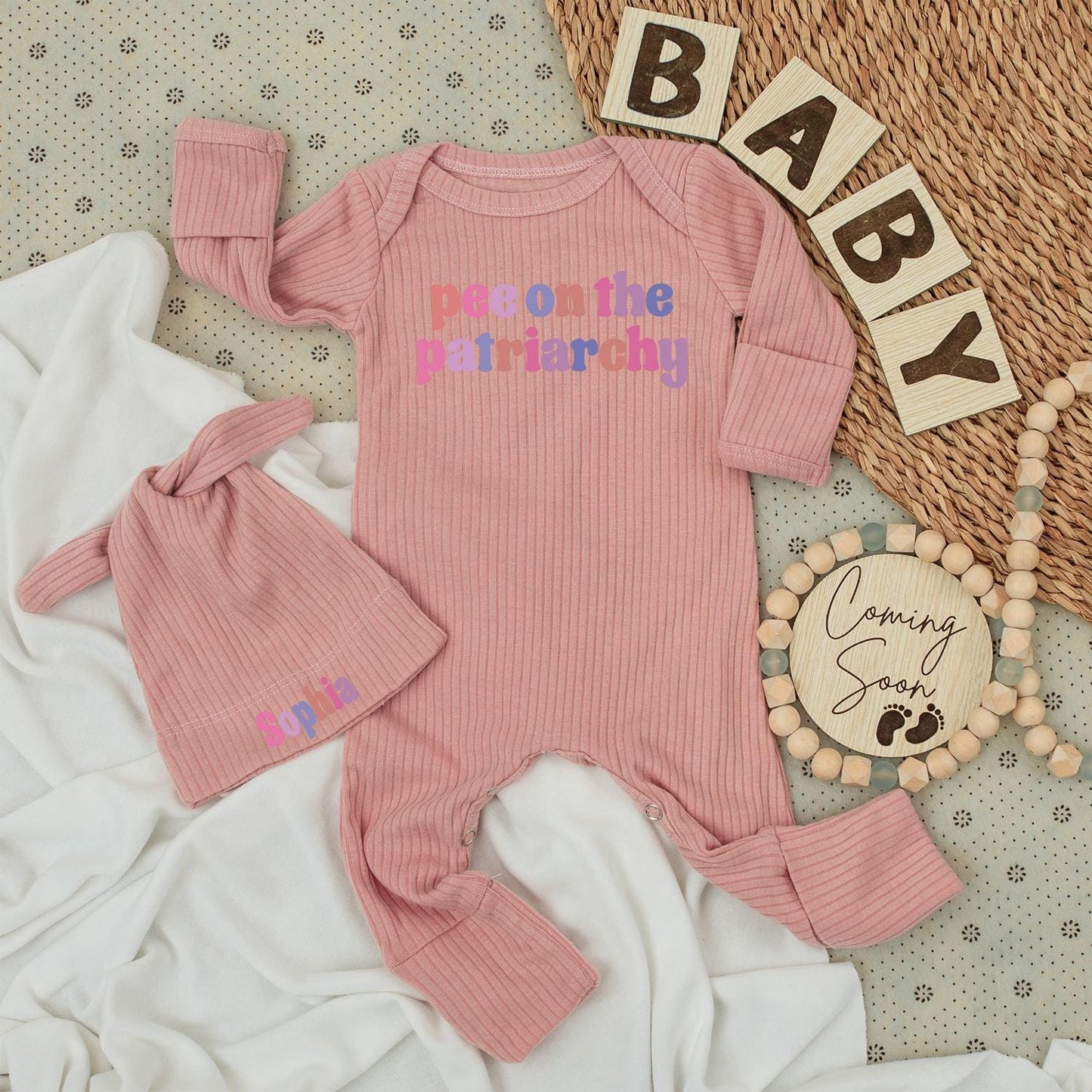 Pee On The Patriarchy Baby Bodysuit Hat Set Funny Feminist Outfit Long Sleeve Romper Unique Baby Shower Newborn Gender Neutral Gift Idea Soft Cotton