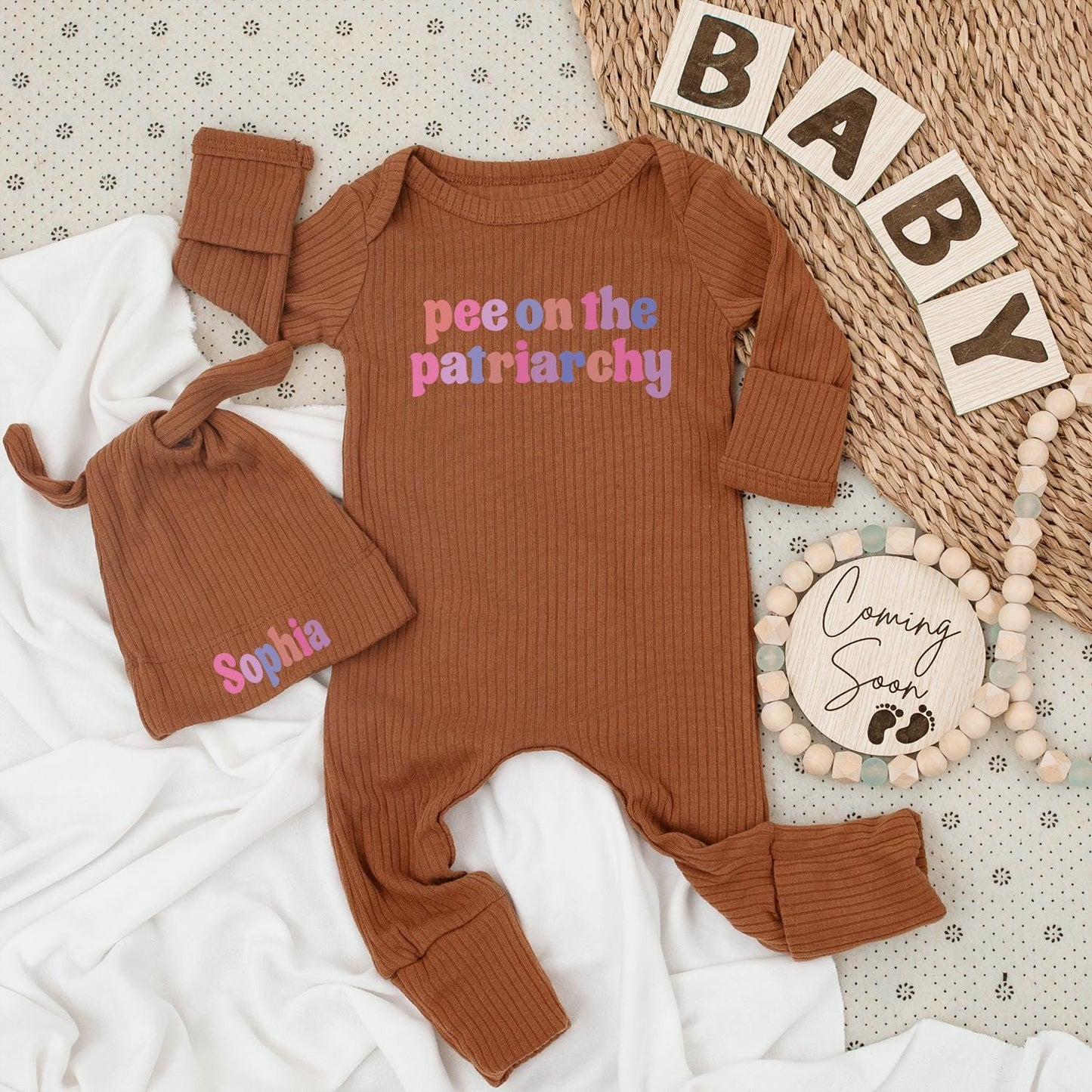 Pee On The Patriarchy Baby Bodysuit Hat Set Funny Feminist Outfit Long Sleeve Romper Unique Baby Shower Newborn Gender Neutral Gift Idea Soft Cotton