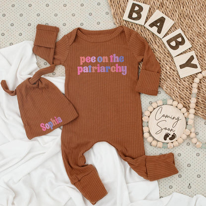 Pee On The Patriarchy Baby Bodysuit Hat Set Funny Feminist Outfit Long Sleeve Romper Unique Baby Shower Newborn Gender Neutral Gift Idea Soft Cotton