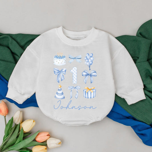 Custom First Birthday Boy Romper Blue Outfit Personalized 1st Birthday Shirt Infant Bodysuit Name Birthday Gift Cute One Year Old Party Clothes (138 chars)