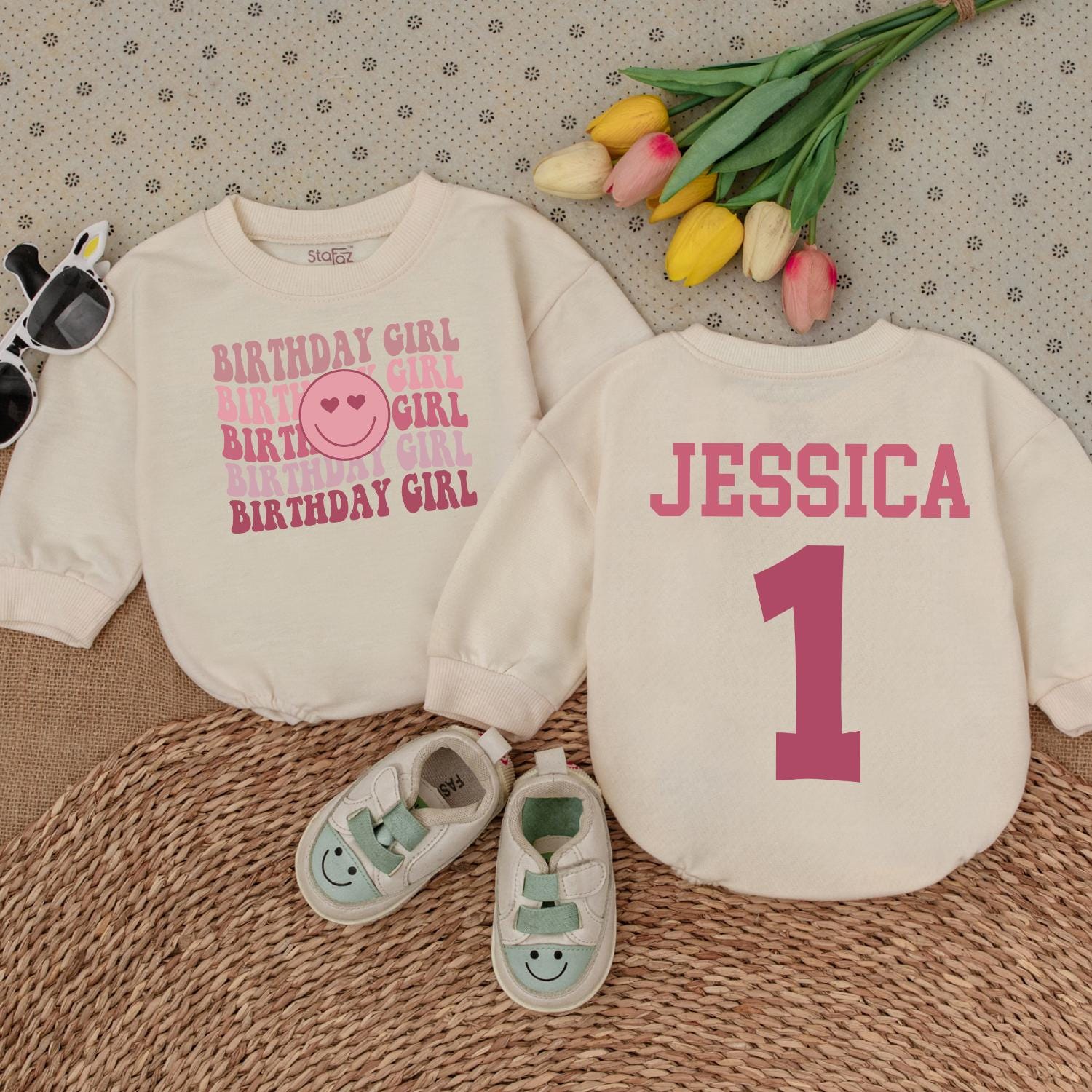 Birthday Girl Romper Pink Block Lettering, Smiley Face Design, & Jessica's 1st Bday Outfit Baby Girl, Toddler Romper Gift