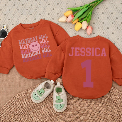 Birthday Girl Romper Pink Block Lettering, Smiley Face Design, & Jessica's 1st Bday Outfit Baby Girl, Toddler Romper Gift