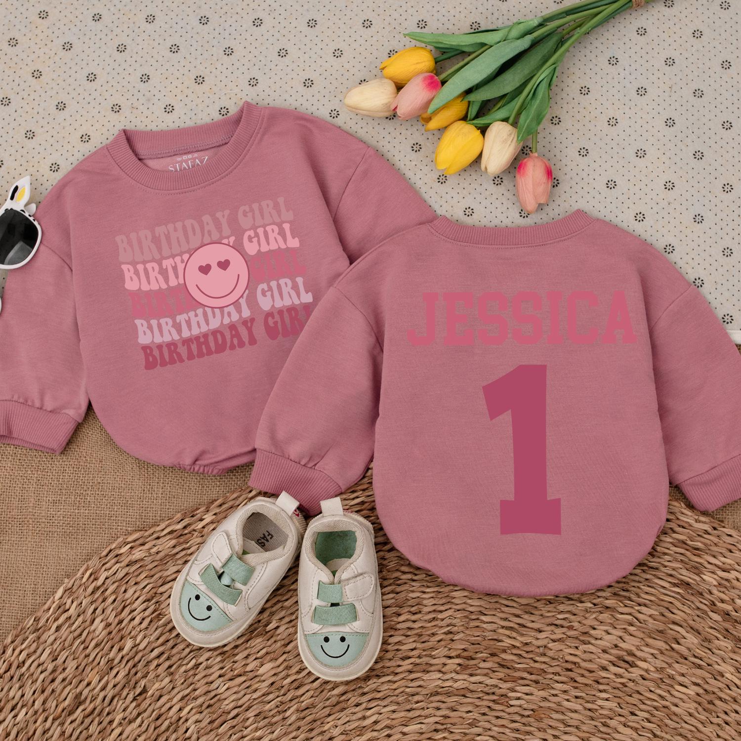 Birthday Girl Romper Pink Block Lettering, Smiley Face Design, & Jessica's 1st Bday Outfit Baby Girl, Toddler Romper Gift